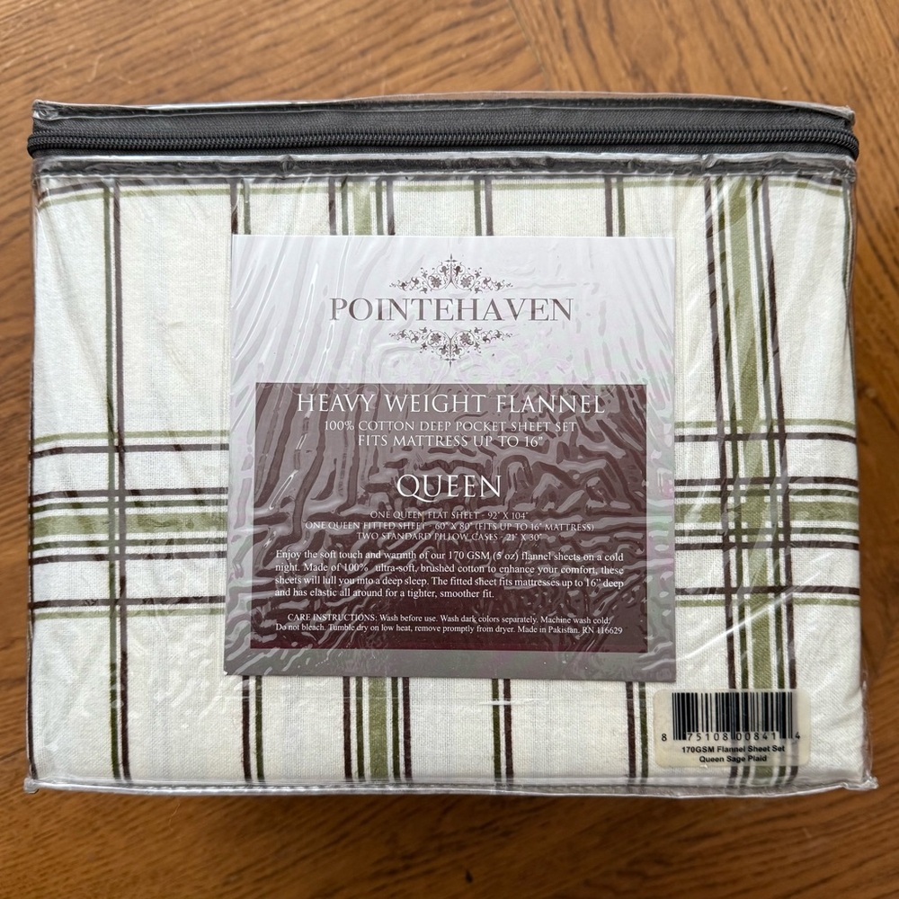 Pointehaven Heavy Weight Flannel Queen Sheet Set - White and Green Plaid